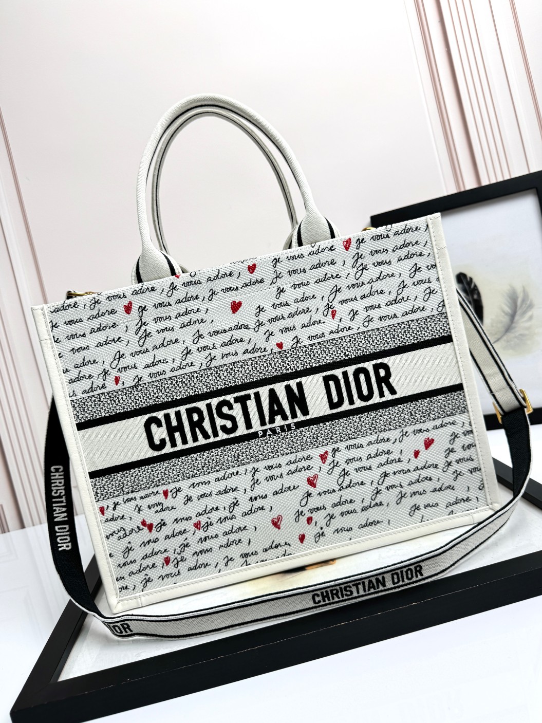 Medium Dior Book Tote Bag White Embroidery with Black and Red Je Vous Adore Motif and White Calfskin